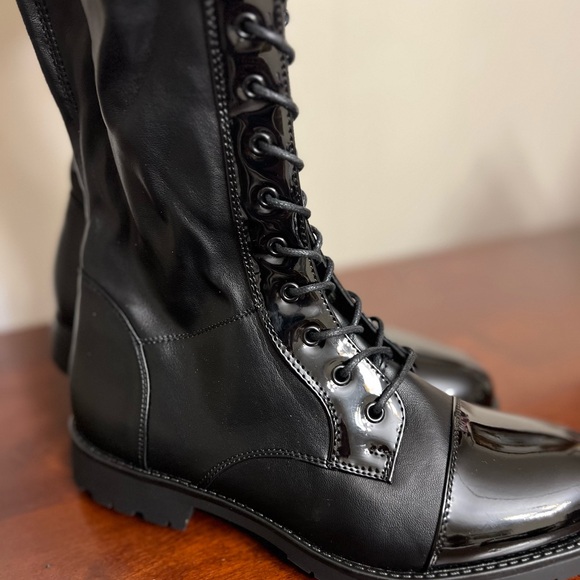 Azalea Wang thigh high Black stretch Faux Patent Lace Up Over Knee combat Boots - Picture 8 of 14